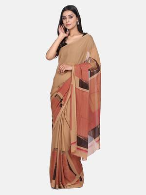 Beige printed georgette saree with blouse 1