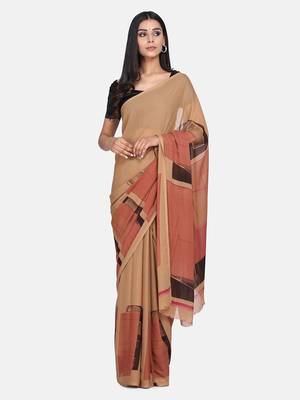Beige printed georgette saree with blouse 4