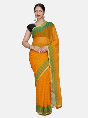 Yellow Printed Chiffon Sarees With Blouse 1