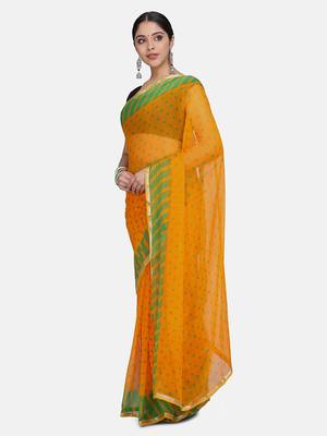 Yellow Printed Chiffon Sarees With Blouse 3