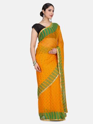 Yellow Printed Chiffon Sarees With Blouse 4