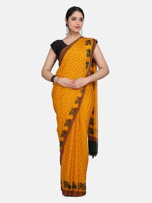 Yellow Printed Chiffon Saree With Blouse 1