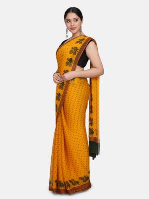 Yellow Printed Chiffon Saree With Blouse 3
