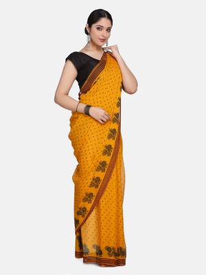 Yellow Printed Chiffon Saree With Blouse 4