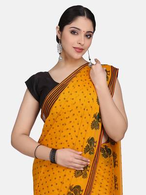 Yellow Printed Chiffon Saree With Blouse 5