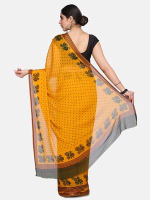 Yellow Printed Chiffon Saree With Blouse 6