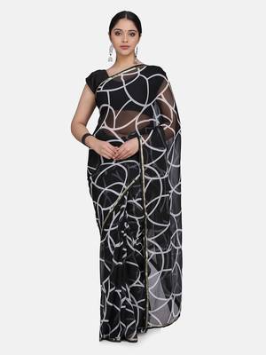 Black Printed Chiffon Saree With Blouse 1