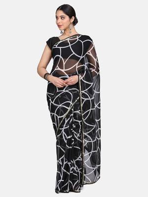 Black Printed Chiffon Saree With Blouse 3