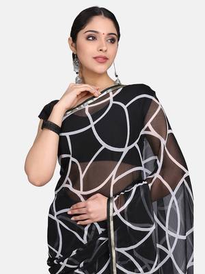 Black Printed Chiffon Saree With Blouse 5
