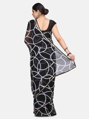 Black Printed Chiffon Saree With Blouse 6