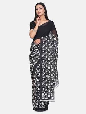 Black Printed Georgette Saree With Blouse 1