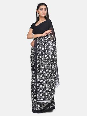Black Printed Georgette Saree With Blouse 3