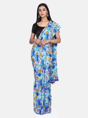 Blue Printed Georgette Saree With Blouse 3
