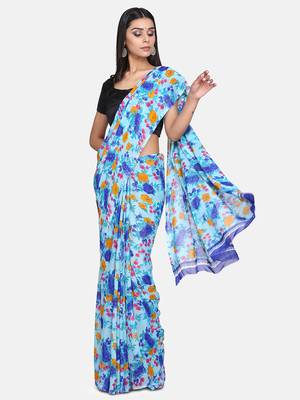 Blue Printed Georgette Saree With Blouse 1