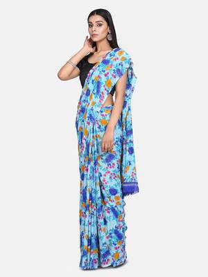 Blue Printed Georgette Saree With Blouse 4