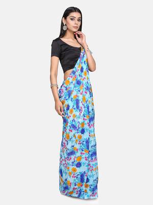 Blue Printed Georgette Saree With Blouse 5