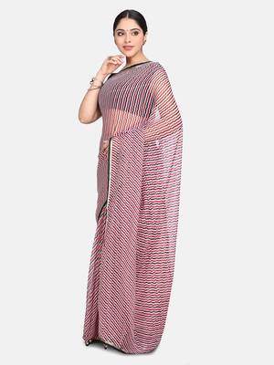 White Printed Chiffon Saree With Blouse 3