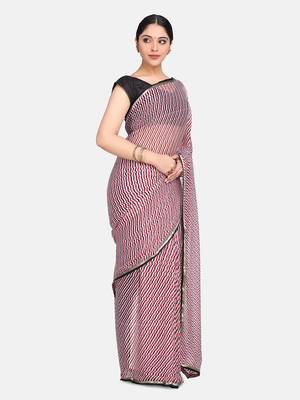 White Printed Chiffon Saree With Blouse 4