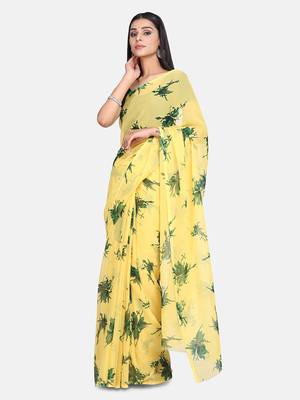 Yellow Printed Georgette Sarees With Unstitched Blouse 1