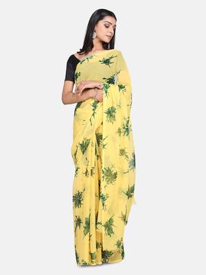 Yellow Printed Georgette Sarees With Unstitched Blouse 3