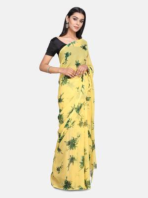 Yellow Printed Georgette Sarees With Unstitched Blouse 4