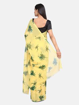 Yellow Printed Georgette Sarees With Unstitched Blouse 5