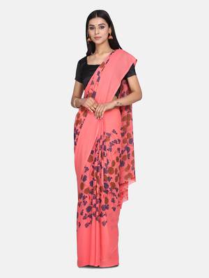 Peach printed georgette saree with blouse 3