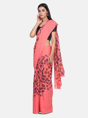 Peach printed georgette saree with blouse 4