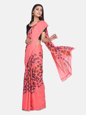 Peach printed georgette saree with blouse 1