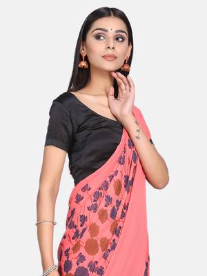 Peach printed georgette saree with blouse 5