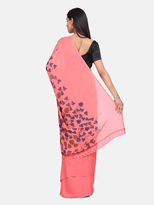 Peach printed georgette saree with blouse 6