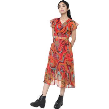 WOZTY Women's Comfortable V Neck hafl Sleeve Printed Bust Frill Midi Dress    1