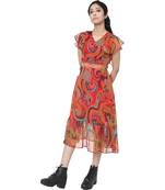 WOZTY Women's Comfortable V Neck hafl Sleeve Printed Bust Frill Midi Dress   