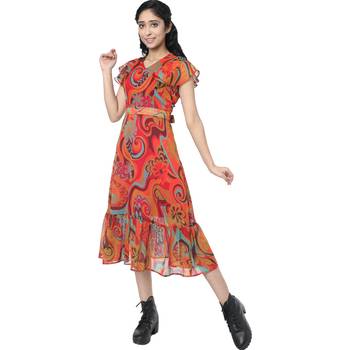 WOZTY Women's Comfortable V Neck hafl Sleeve Printed Bust Frill Midi Dress    3