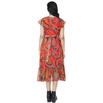 WOZTY Women's Comfortable V Neck hafl Sleeve Printed Bust Frill Midi Dress    4