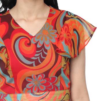 WOZTY Women's Comfortable V Neck hafl Sleeve Printed Bust Frill Midi Dress    5