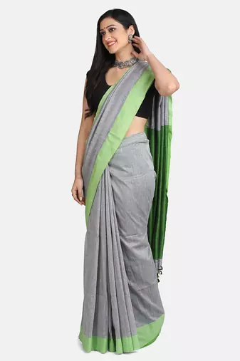 Grey Melange Plain Work Khadi Cotton Handloom Saree With Blouse
