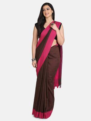 Chocolate Plain Work Khadi Cotton Handloom Saree With Blouse 1