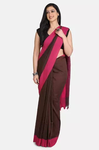 Chocolate Plain Work Khadi Cotton Handloom Saree With Blouse