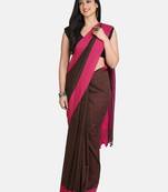 Chocolate Plain Work Khadi Cotton Handloom Saree With Blouse
