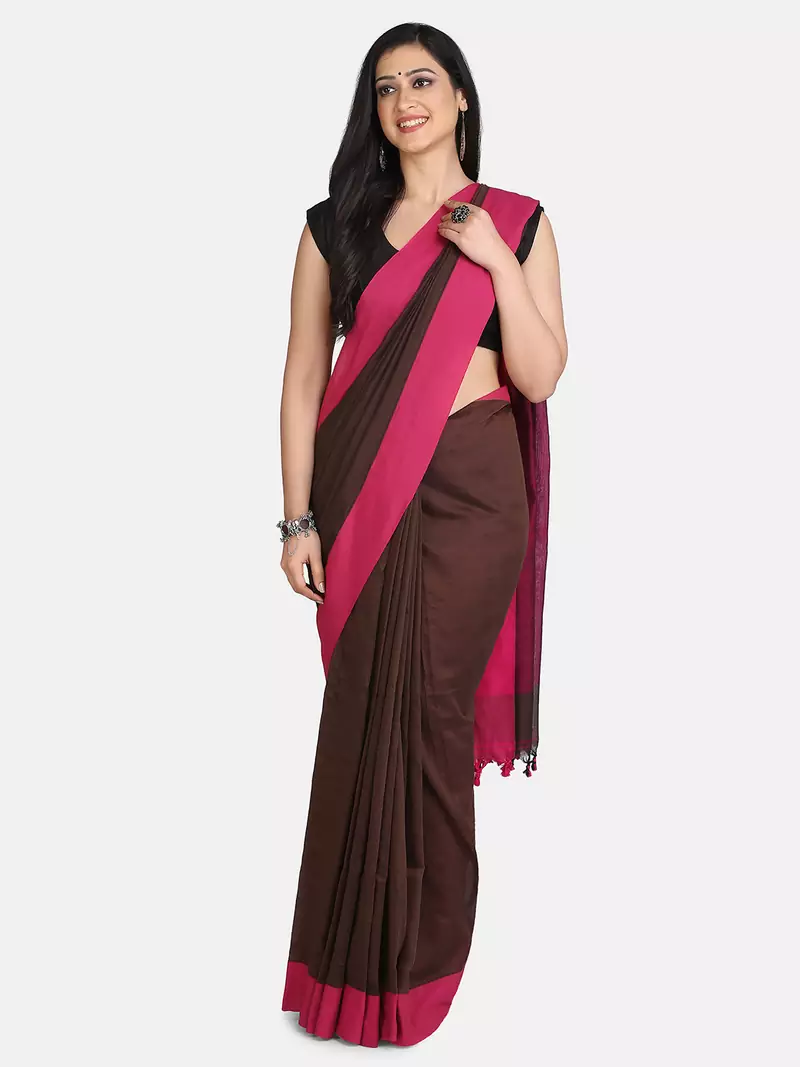 Chocolate Plain Work Khadi Cotton Handloom Saree With Blouse