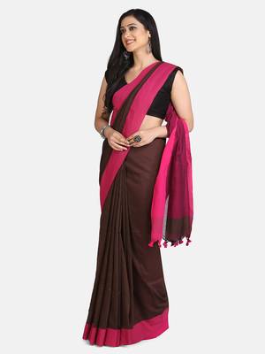 Chocolate Plain Work Khadi Cotton Handloom Saree With Blouse 3