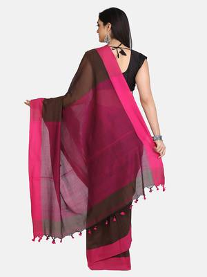 Chocolate Plain Work Khadi Cotton Handloom Saree With Blouse 4