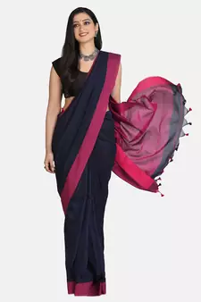 Navy Blue Plain Work Khadi Cotton Handloom Saree With Blouse