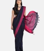 Navy Blue Plain Work Khadi Cotton Handloom Saree With Blouse