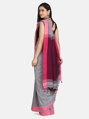 Grey Melange Plain Work Khadi Cotton Handloom Saree With Blouse 5
