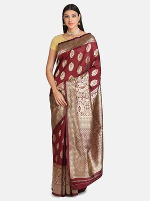 Maroon Woven Banarasi Silk Saree With Blouse 1