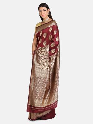 Maroon Woven Banarasi Silk Saree With Blouse 3