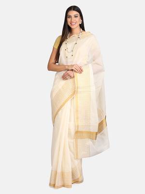 Cream Embroidered Cotton Saree With Blouse 1