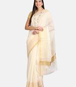 Cream Embroidered Cotton Saree With Blouse
